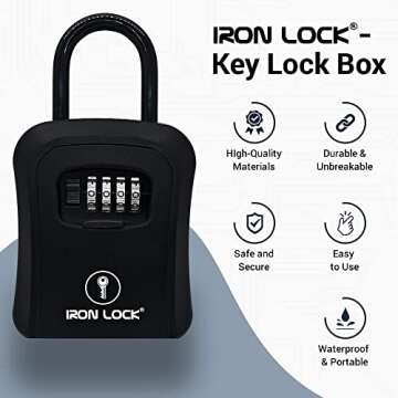 Iron Lock® - Key Lock Box Portable and Wall Mounted with Removable Shackle Indoor Outdoor Waterproof 4 Digit Combination with Resettable Code with A B Switch Key Lockbox for Outside Hold 5 Spare Keys