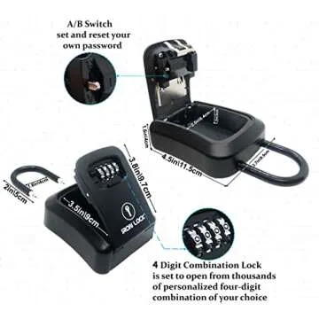 Iron Lock® - Key Lock Box Portable and Wall Mounted with Removable Shackle Indoor Outdoor Waterproof 4 Digit Combination with Resettable Code with A B Switch Key Lockbox for Outside Hold 5 Spare Keys