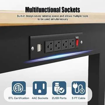 48” Heavy-Duty Solid Wood Work Bench Work Table with Wheels, Adjustable Height Portable Workbench with Power Outlets, 3000 Lbs Capacity Workstation for Garage, Workshop, Office