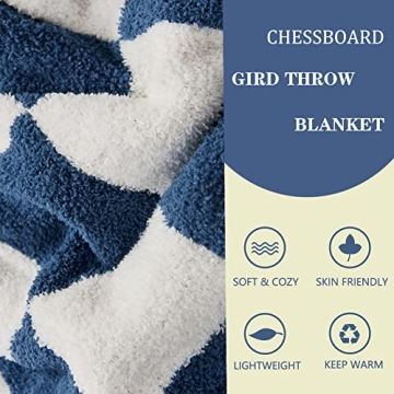 Throw Blankets Barefoot Checkerboard Gingham Warm Cozy Microfiber Reversible for Home Decor Bed Couch-Machine Washable (Navy Blue,51"x63")