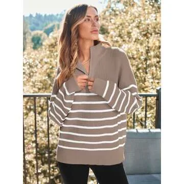 LILLUSORY Women's Quarter Zip Striped Oversized Sweater 2025 Mock Turtleneck Fall Fashion Outfit Nut...