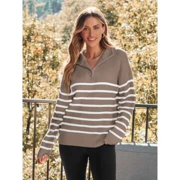 LILLUSORY Women's Oversized Quarter Zip Striped Sweater
