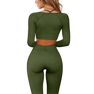 ABOCIW Workout Sets for Women Long Sleeve Seamless Ribbed Strap Detail Crop Top High Waist Leggings ...