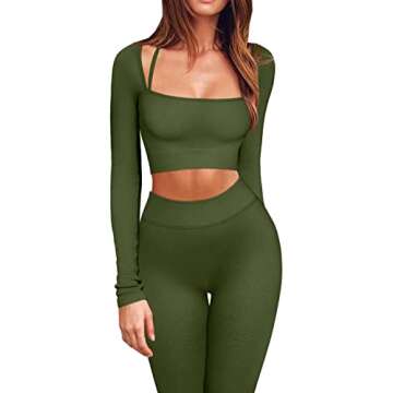 ABOCIW Workout Sets for Women Long Sleeve Seamless Ribbed Strap Detail Crop Top High Waist Leggings 2 Piece Yoga Gym Activewear Set #3 Dark Green Small