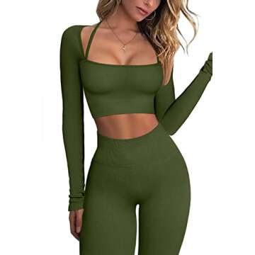 ABOCIW Workout Sets for Women Long Sleeve Seamless Ribbed Strap Detail Crop Top High Waist Leggings 2 Piece Yoga Gym Activewear Set #3 Dark Green Small