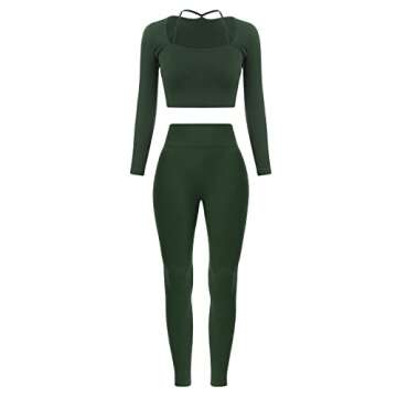 ABOCIW Workout Sets for Women Long Sleeve Seamless Ribbed Strap Detail Crop Top High Waist Leggings 2 Piece Yoga Gym Activewear Set #3 Dark Green Small