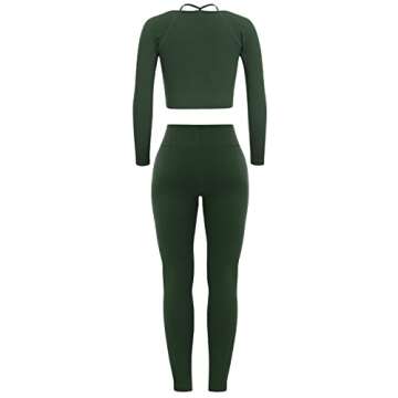 ABOCIW Workout Sets for Women Long Sleeve Seamless Ribbed Strap Detail Crop Top High Waist Leggings 2 Piece Yoga Gym Activewear Set #3 Dark Green Small