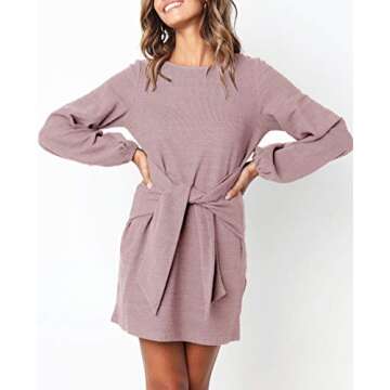 R.Vivimos Women's Autumn Winter Cotton Long Sleeves Elegant Knitted Bodycon Tie Waist Sweater Pencil Dress (Medium, Light Violet)