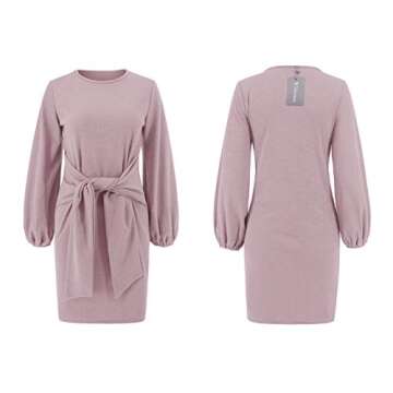 R.Vivimos Women's Autumn Winter Cotton Long Sleeves Elegant Knitted Bodycon Tie Waist Sweater Pencil Dress (Medium, Light Violet)