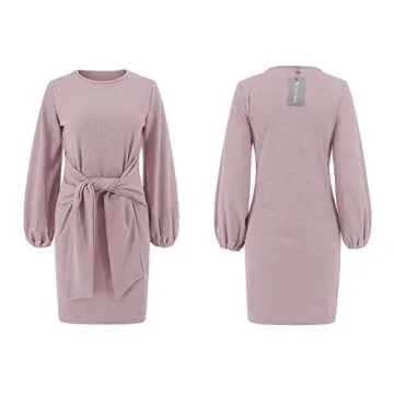 R.Vivimos Women's Autumn Winter Cotton Long Sleeves Elegant Knitted Bodycon Tie Waist Sweater Pencil Dress (Medium, Light Violet)