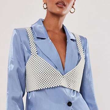 Women Sexy Pearl Beaded Cami Top Clubwear V Neck Spaghetti Strap Pearl Vest Bralette Sexy Backless C...