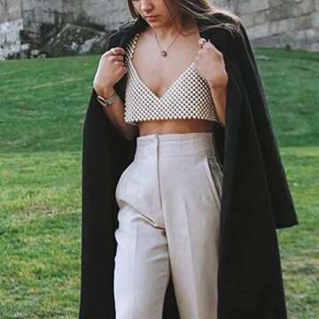 Women Sexy Pearl Beaded Cami Top Clubwear V Neck Spaghetti Strap Pearl Vest Bralette Sexy Backless Camisole Party Crop Top