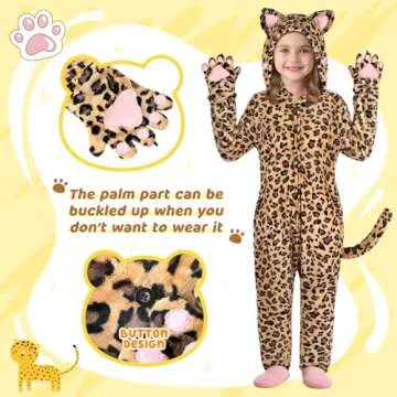 GIFTINBOX Leopard Costume Kids, Zip-Up Hooded Onesie Girls Costume, Cat Costume for Girls Dress Up, Halloween Animal Costumes for Kids 5 6 7 8 9 10 11
