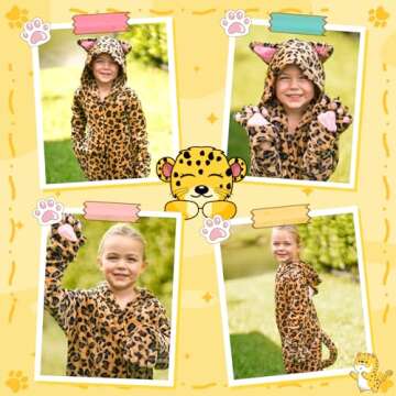 GIFTINBOX Leopard Costume Kids, Zip-Up Hooded Onesie Girls Costume, Cat Costume for Girls Dress Up, Halloween Animal Costumes for Kids 5 6 7 8 9 10 11