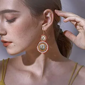 Badu Seed Beaded Circle Beads Earrings Bohemian Dangle Earrings Handmade Bead Fashion Jewelry Drop Earrings for Women