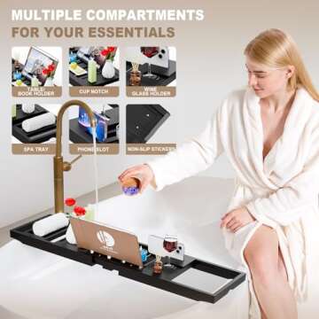 Yirilan Foldable Bathtub Caddy, Expandable Bath Tray, Unique House Warming Gifts, New Home, Anniversary and Wedding Gifts for Couple, Black