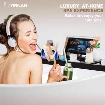 Yirilan Foldable Bathtub Caddy, Expandable Bath Tray, Unique House Warming Gifts, New Home, Anniversary and Wedding Gifts for Couple, Black