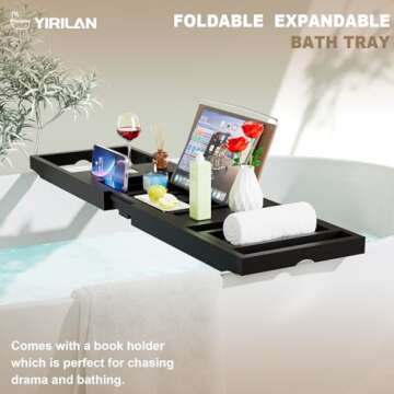 Yirilan Foldable Bathtub Caddy, Expandable Bath Tray, Unique House Warming Gifts, New Home, Anniversary and Wedding Gifts for Couple, Black