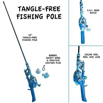 Kid Casters Tangle-Free Fishing Combo | Spincast Reel & Practice Casting Plug with Bobber | 34" Tangle-Free Combo | Pre-spooled 6-lb Line | Blue
