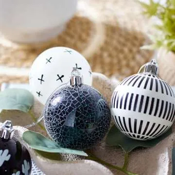 DecorbyHannah Christmas Tree Ornaments, 20ct 60mm Black White Christmas Ball Ornaments for Xmas Tree Decorations, Shatterproof Decorative Boho Aztec Christmas Ornaments Set for Modern Home Décor