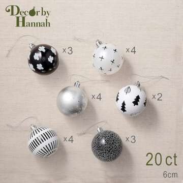 DecorbyHannah Christmas Tree Ornaments, 20ct 60mm Black White Christmas Ball Ornaments for Xmas Tree Decorations, Shatterproof Decorative Boho Aztec Christmas Ornaments Set for Modern Home Décor