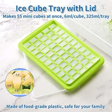 ARTLEO Ice Cube Tray with Lid & Bin for Freezer, Easy Release 55 Nugget Ice Tray with Cover, Storage Container, Scoop. Small Ice Cube Maker Tray & Mold. Flexable Durable Plastic, BPA Free, 1 Tier