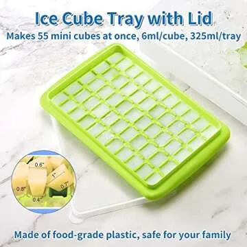 ARTLEO Ice Cube Tray with Lid & Bin for Freezer, Easy Release 55 Nugget Ice Tray with Cover, Storage Container, Scoop. Small Ice Cube Maker Tray & Mold. Flexable Durable Plastic, BPA Free, 1 Tier