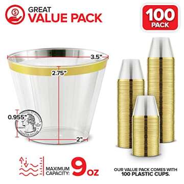 Stock Your Home 9 oz Gold-Rim Disposable Plastic Cups (100 Pack) Elegant Tumblers Glasses for Partie...