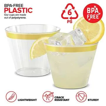 Stock Your Home 9 oz Gold-Rim Disposable Plastic Cups (100 Pack) Elegant Tumblers Glasses for Parties, Weddings, Holidays, Dessert Tumbler, Bulk Drinking Cup for Fruit Punch, Cocktails, Wine