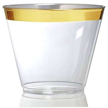 Stock Your Home 9 oz Gold-Rim Disposable Plastic Cups (100 Pack) Elegant Tumblers Glasses for Parties, Weddings, Holidays, Dessert Tumbler, Bulk Drinking Cup for Fruit Punch, Cocktails, Wine
