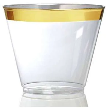 Stock Your Home 9 oz Gold-Rim Disposable Plastic Cups (100 Pack) Elegant Tumblers Glasses for Parties, Weddings, Holidays, Dessert Tumbler, Bulk Drinking Cup for Fruit Punch, Cocktails, Wine