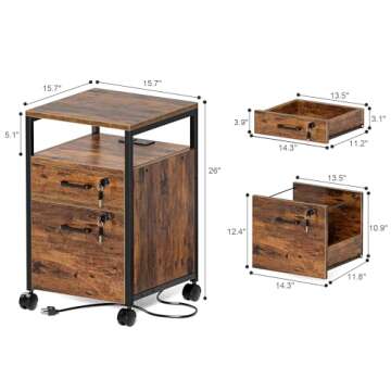 SUPERJARE File Cabinet with Lock & Charging Station, 2 Drawers Rolling Filing Cabinet, Office File Cabinet with Wheels & Open Shelf, for Home Office, A4/Letter Size Files - Rustic Brown