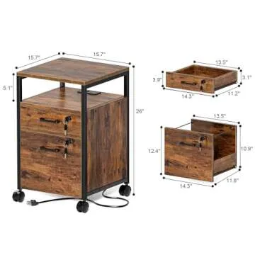 SUPERJARE File Cabinet with Lock & Charging Station, 2 Drawers Rolling Filing Cabinet, Office File Cabinet with Wheels & Open Shelf, for Home Office, A4/Letter Size Files - Rustic Brown