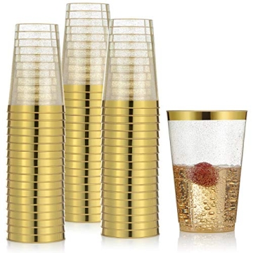 100 Gold Plastic Cups 14 Oz Gold Glitter with a Gold Rim - Premium Disposable Party Cups - Elegant a...