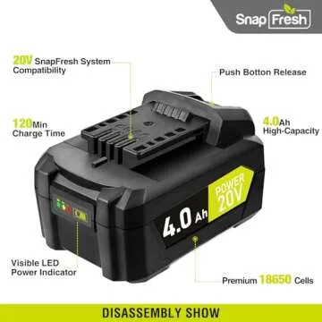 SnapFresh 20V 4.0Ah Li-ion Battery, (Not Compatible with Other Brands), Lithium-Ion Battery Support Fast Charging(BBT-DC40A)