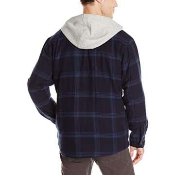 Wrangler Authentics Men's Long Sleeve Quilted Lined Flannel Shirt Jacket with Hood, Navy, Large