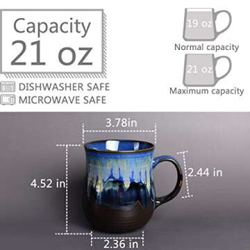 Bosmarlin Large Ceramic Coffee Mug - 21 Oz Blue Tea Cup for Home & Office