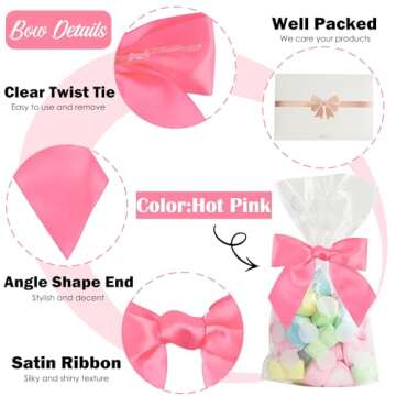 AIMUDI Hot Pink Satin Bows 4.5" Pre-Tied Pink Twist Tie Bows for Treat Bags Pink Ribbon Bows for Crafts Premade Bows for Gift Wrapping Wedding Decor Baby Shower Party Favors - 36 PCs