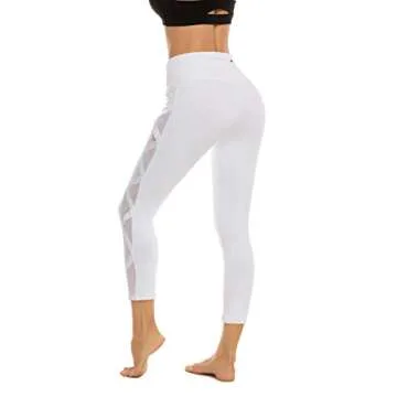 romansong High Waisted Workout Compression Capri Leggings for Women Petite Skinny Mesh Gym Legings with Pockets(White,Small)