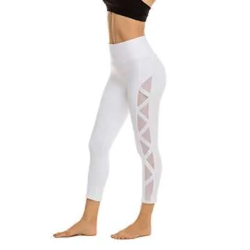 romansong High Waisted Workout Compression Capri Leggings for Women Petite Skinny Mesh Gym Legings with Pockets(White,Small)