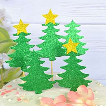 50Pcs Christmas Tree Cake Toppers - Festive Green Glitter Cupcake Picks for Merry Holiday Celebratio...