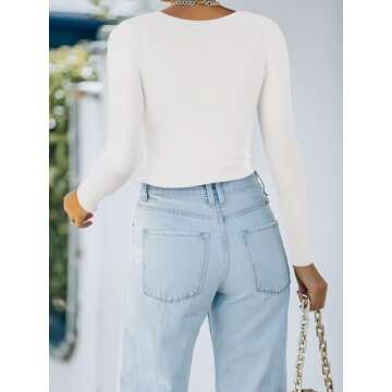 REORIA Women's Cute Long Sleeve Crew Neck Double Lined Going Out Crop Tops Fashion Tight T Shirts Slim Fit Basic Tee Tops for Teen Girls Medium White