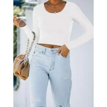 REORIA Women's Cute Long Sleeve Crew Neck Double Lined Going Out Crop Tops Fashion Tight T Shirts Slim Fit Basic Tee Tops for Teen Girls Medium White