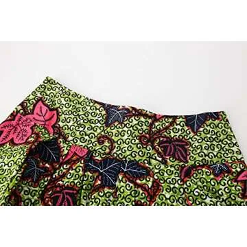 Hybrid Fashionista Skirts for Women A-line Printed Pleated Flared Midi Skirts - African High Waist Skirts Reg & Plus Size (8, GreenPinkLeaf)