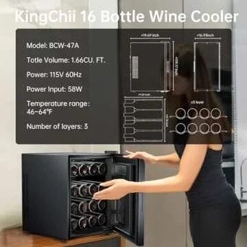 KingChii 16 Bottle Wine Cooler, Freestanding Wine Fridge with Glass Door, Adjustable Shelves & Digital Temperature Display Wine Refrigerator for Red, White, Champagne - Perfect for Home, Kitchen, Bar