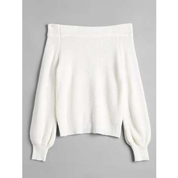 ZAFUL Women's Knit Sweater Lantern Sleeve Casual Batwing Sleeve Off Shoulder Loose Pullover Jumper White
