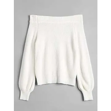 ZAFUL Women's Knit Sweater Lantern Sleeve Casual Batwing Sleeve Off Shoulder Loose Pullover Jumper White