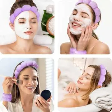 Spa Headbands for Washing Face Wristband Set Sponge Makeup Skincare Headband Wrist Towels Bubble Soft Terry Towel Cloth Hairband for Women Puffy Headwear Non Slip Thick Thin Hair Headwear (Purple)