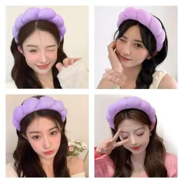 Spa Headbands for Washing Face Wristband Set Sponge Makeup Skincare Headband Wrist Towels Bubble Soft Terry Towel Cloth Hairband for Women Puffy Headwear Non Slip Thick Thin Hair Headwear (Purple)