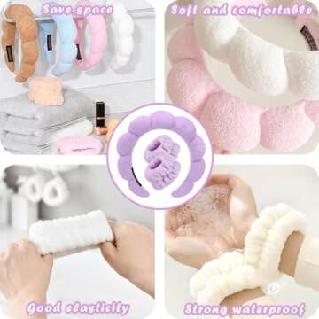 Spa Headbands for Washing Face Wristband Set Sponge Makeup Skincare Headband Wrist Towels Bubble Soft Terry Towel Cloth Hairband for Women Puffy Headwear Non Slip Thick Thin Hair Headwear (Purple)